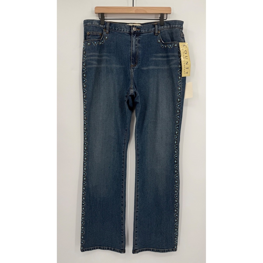 County Clothing Company Jeans Womens 16 Blue Beaded Straight Leg Turquoise‎ NEW